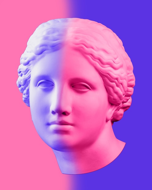 Modernes Konzeptkunstplakat mit blaurosa bunter alter Statue des Kopfes der Venus de Milo. Zeitgenössische Kunstcollage. Konzept von Postern im Retro-Wellenstil.