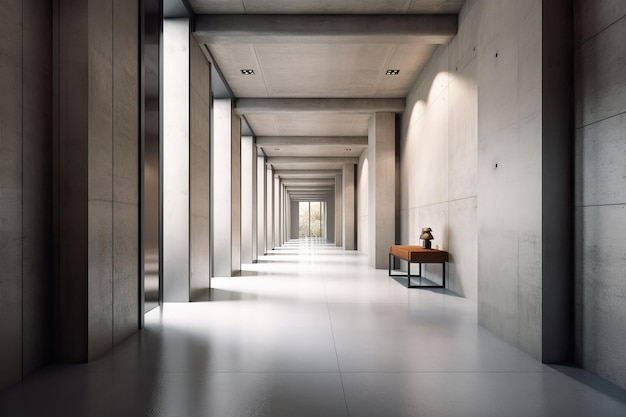 Modernes Korridor-Interieur aus Beton mit leerem Mock-up-Platz auf Wandpfeilern und Tageslicht-KI-Erzeugung