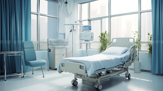 Modernes Krankenzimmer mit leerem Bett und Stuhl