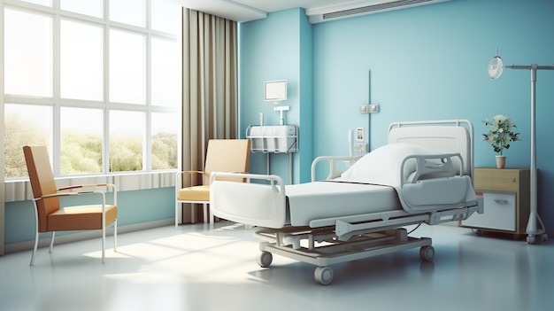 Modernes Krankenzimmer mit leerem Bett und Stuhl