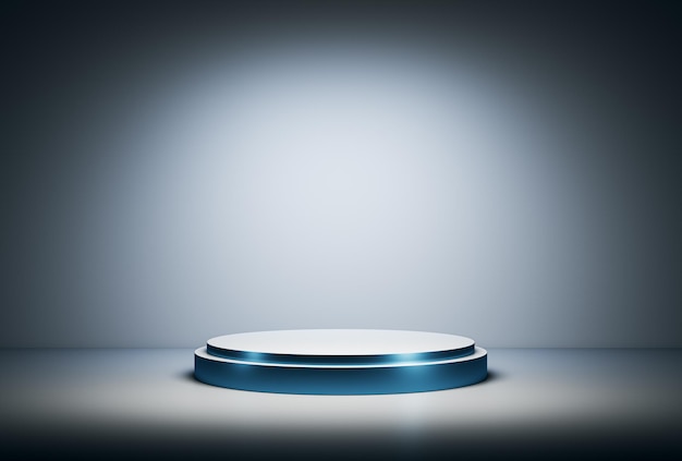 Modernes kreisförmiges Podium im Rampenlicht in einem sauberen Ausstellungsraum 3D-Rendering
