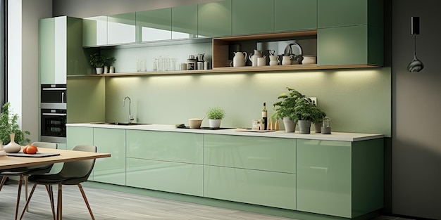 Modernes Küchendesign in Grüntönen. Hochwertige Fotos mit generativer KI