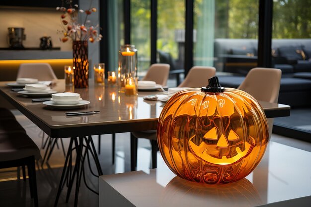 Modernes Kücheninterieur, das für Halloween geschmückt ist, dekoratives orangefarbenes Kürbis-Jack-O-Lantern auf dem Tisch