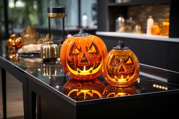 Modernes Kücheninterieur, das für Halloween geschmückt ist, dekoratives orangefarbenes Kürbis-Jack-O-Lantern auf dem