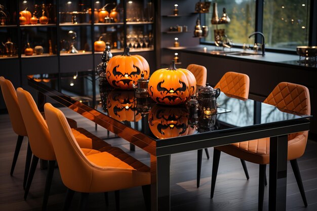 Foto modernes kücheninterieur, das für halloween geschmückt ist, orangefarbener kürbis, jack-o'-lantern auf dem tisch, zuhause