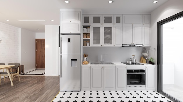 Modernes Kücheninterieur mit weißer Kabinettplatte aus weißem Marmor 3D-Darstellung