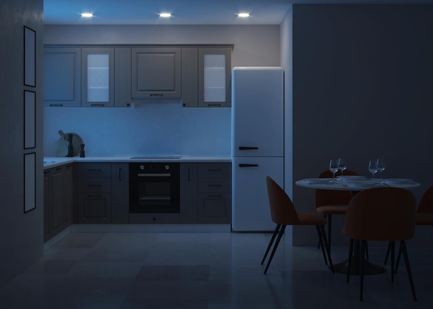 Modernes Kücheninterieur. Nacht. Abendbeleuchtung. 3D-Rendering.