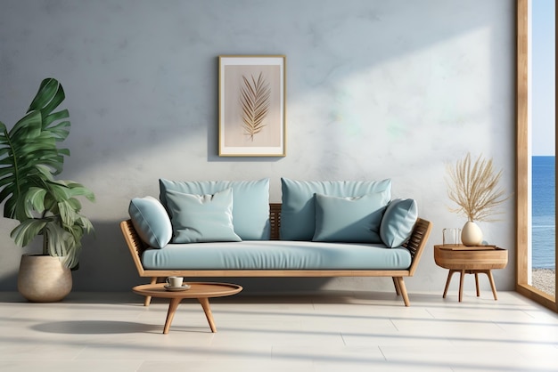 Modernes Küstenwohnzimmer mit blauem Sofa und Meerblick
