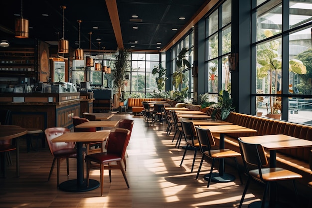 Modernes, leeres Café mit trendigem Interieur mit Holz und Grün