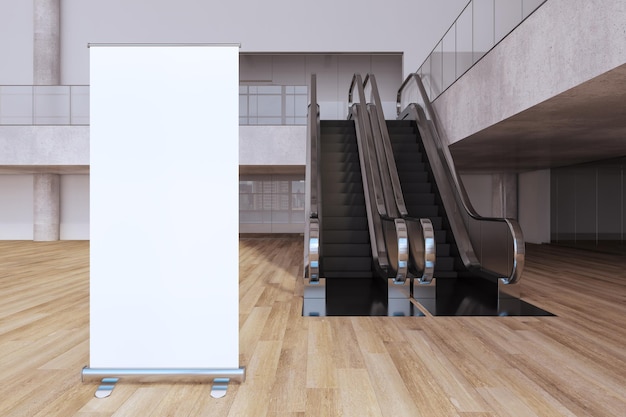 Modernes, leeres Einkaufszentrum aus Holz und Beton mit leerer weißer Mock-up-Plakatrolltreppe Großes öffentliches Innenkonzept 3D-Rendering