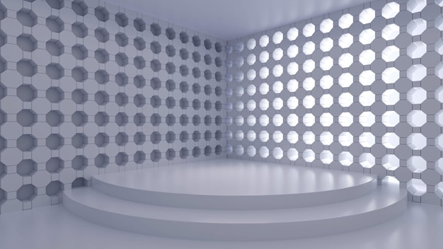Modernes leeres raumdesign mit podium, das mit neonlichtern 3d-rendering dekoriert ist