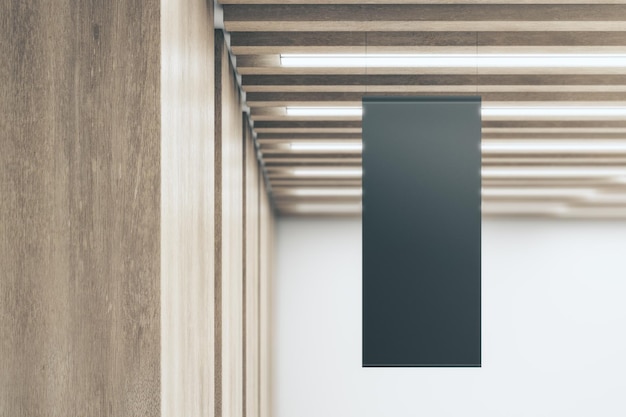 Foto modernes leeres schwarzes rechteckiges poster auf verschwommenem hölzernen hintergrund ausstellung und stopperkonzept 3d-rendering