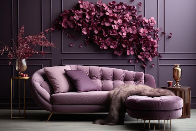 Modernes lila Wohnzimmerdesign mit Sofa und Möbeln mit Blumen