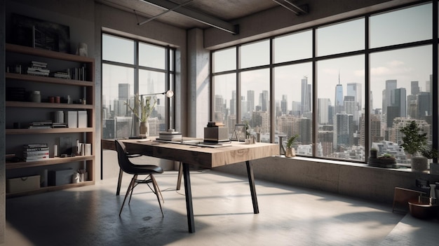 Modernes Loft-Büro mit freiem Blick auf die Skyline der Stadt durch große Fenster