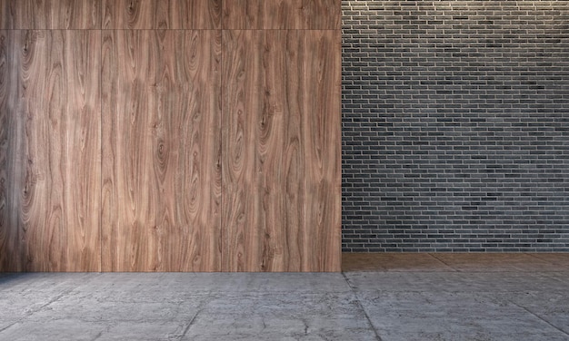 Modernes Loft-Interieur mit Holzwandpaneelen Ziegelwand Betonboden Leere Raumleerwand