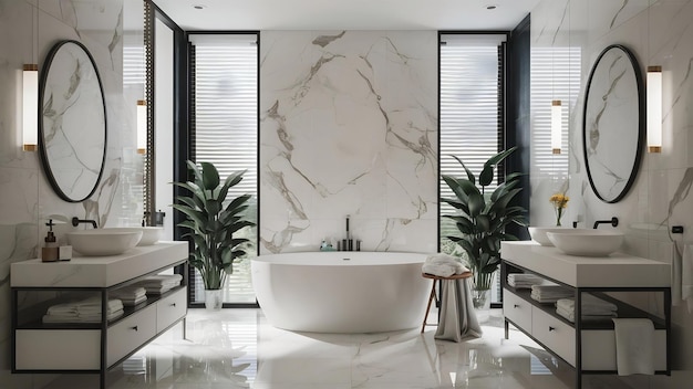 Modernes luxuriöses Badezimmer-Designweißes Zimmerweißes Bad auf Marmorwand 3D-Rendering