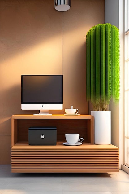 Modernes, luxuriöses Design-Café auf Holzarbeitsplatte mit Espressomaschine, Computer-Registrierkasse, grüne Tr