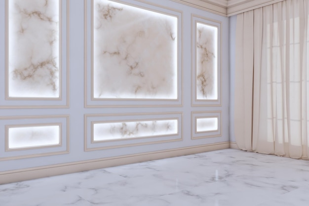 Modernes, luxuriöses Interieur mit Fenstern und Vorhängen, klassischen dekorativen Wänden, Tageslicht und Marmorboden 3D-Rendering