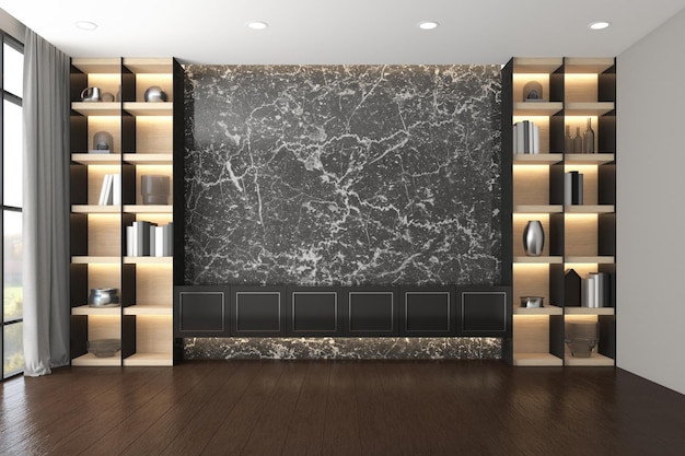 Modernes, luxuriöses, leeres Zimmer mit Fernsehschrank und Bücherregal, schwarzer Marmorwand und Holzboden, 3D-Rendering