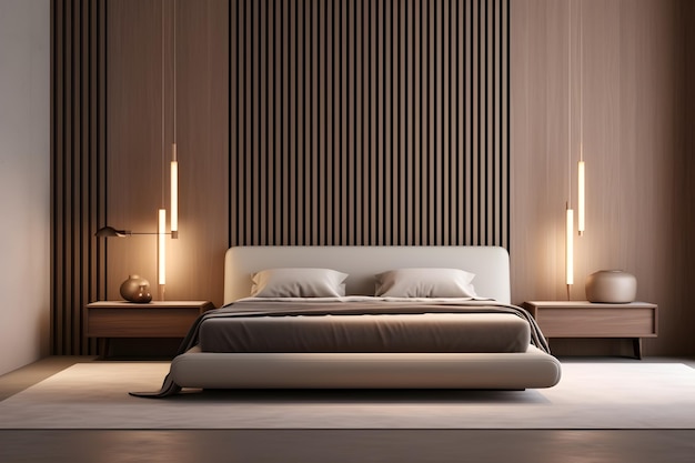 modernes luxuriöses Schlafzimmer mit hölzernem Kopfboden Innenarchitektur