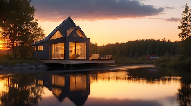 Modernes Luxus-Ferienhaus in der Nähe des Sees bei Sonnenuntergang