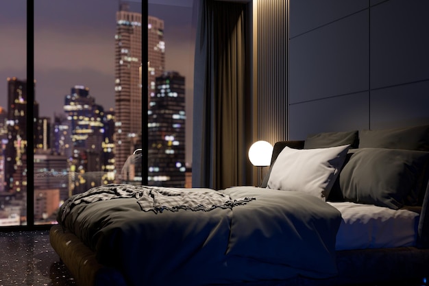 Modernes Luxus-Schwarz-Hauptschlafzimmer mit verschwommenem Stadtblick im nächtlichen Hintergrund 3D-Rendering