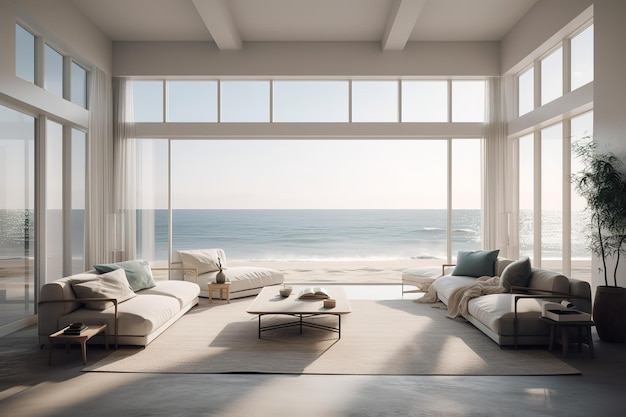 Modernes Luxus-Wohnzimmer Modernes Wohnzimmer-Interieurdesign 3D-Darstellung eines modernen Wohnzimmers mit weißem Sofa Graues Panorama-Wohnzimmer Buntes Wohnzimmer-Interieur Generative KI