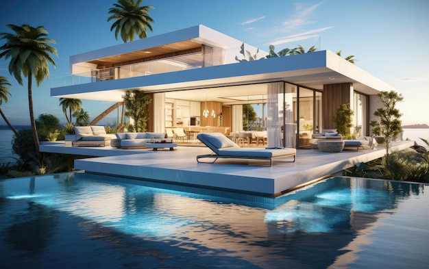Modernes Luxusvillahaus 3D-Darstellung eines Immobilienarchitekturprojekts mit Swimmingpool