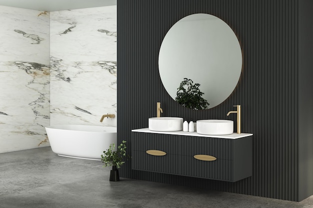 Modernes, minimalistisches Badezimmer-Interieur, moderner Badezimmerschrank, Doppelwaschbecken, Innenpflanzen, Badezimmerzubehör, Badewanne und Toilette, schwarze und marmorne Wände, 3D-Rendering