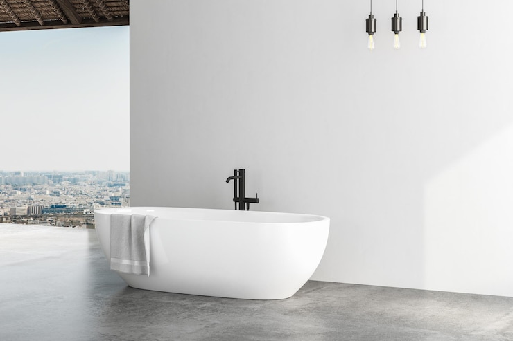 Foto modernes, minimalistisches badezimmer mit badewanne, weißes konzept, moderner badezimmerschrank aus holz, der an einer weißen wand hängt, betonboden gemütliches badezimmer 3d-rendering