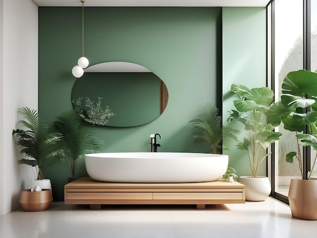 Modernes, minimalistisches Badezimmer mit grünem Badezimmerschrank, weißem Waschbecken und Holzwaschtisch. Generate AI