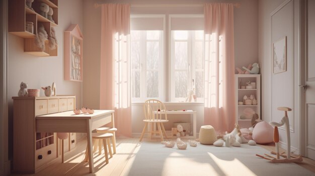 Modernes minimalistisches geräumiges Kinderzimmer für Mädchen in rosa Farbe mit Fenster