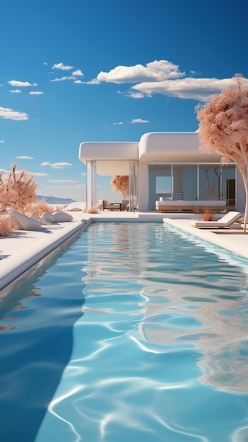 Modernes minimalistisches Haus mit Pool und rosa Bäumen