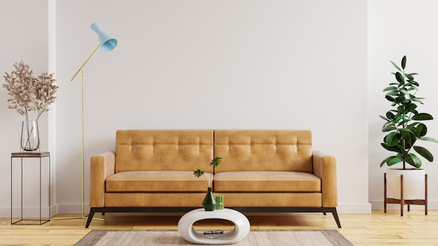 Modernes minimalistisches Interieur mit einem Ledersofa auf leerem weißem Wandhintergrund. 3D-Rendering