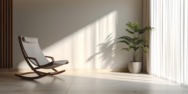 Modernes minimalistisches Interieur mit Schaukelstuhl und Pflanze friedliches und stilvolles Zimmerdesign mit Sonnenlicht perfekt für Entspannung und Wohndekoration KI