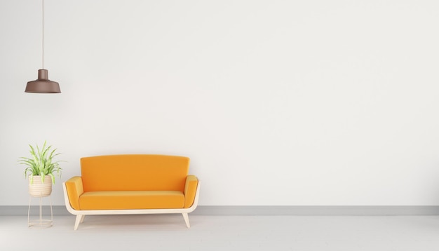 Modernes minimalistisches Interieur mit Sofa auf leerem weißen Wandhintergrund