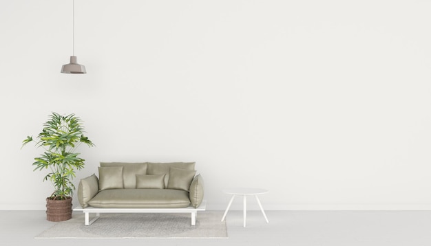 Modernes minimalistisches Interieur mit Sofa auf leerem weißen Wandhintergrund