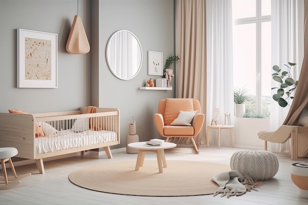 Modernes, minimalistisches Kinderzimmer im skandinavischen Stil. Babyzimmer-Interieur in hellen Farben. KI-generiertes Bild