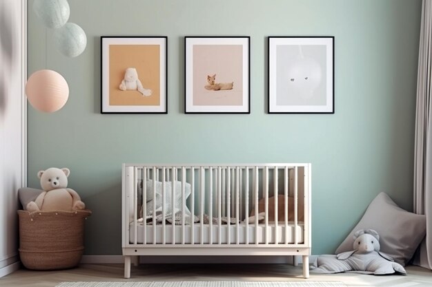 Modernes minimalistisches Kinderzimmer im skandinavischen Stil Babyzimmereinrichtung in hellen Farben AI-generiertes Bild