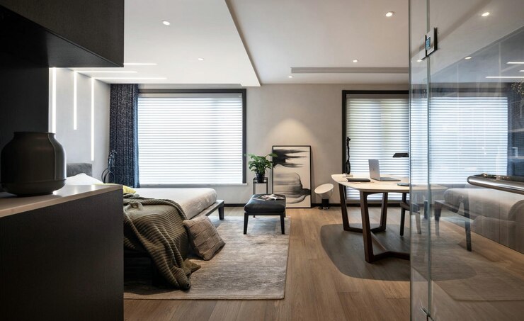 Foto modernes minimalistisches schlafzimmer mit büro