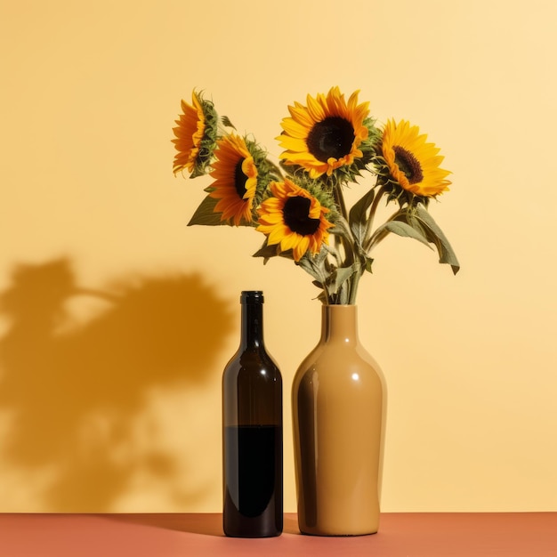 Modernes, minimalistisches Weinflaschen-Design, Blumen, exotischer, lebendiger Farbhintergrund, AI generiert