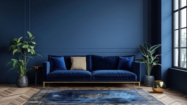 Modernes minimalistisches Wohnzimmer im klassischen Stil in dunkelblauen und goldenen Tönen