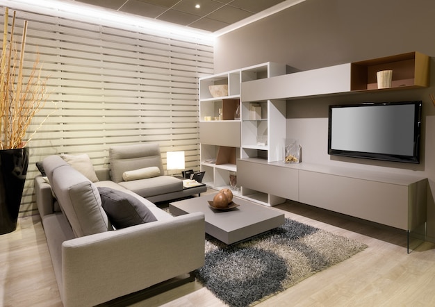 Modernes minimalistisches Wohnzimmer mit beigem Dekor und einem großen bequemen Sofa mit Blick auf einen Fernseher und eine Schrankwand mit Couchtisch und Teppich auf Holzboden