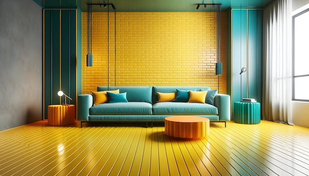 Modernes, minimalistisches Wohnzimmer mit blaugrünem Schlafsofa auf gelbem Backsteinmauer-Architekturhintergrund