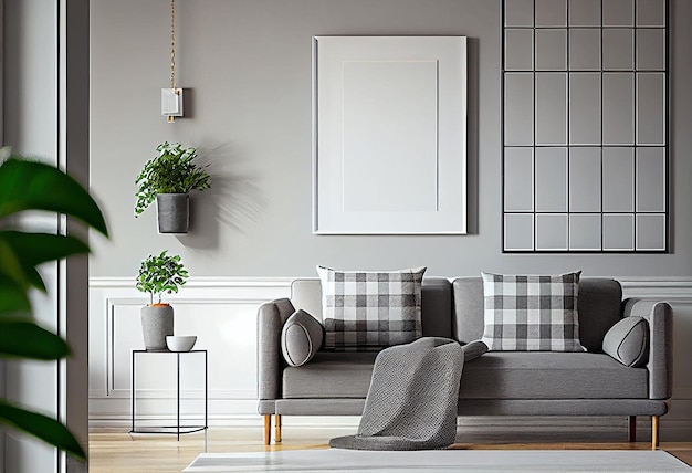 Modernes, minimalistisches Wohnzimmer mit grauem Sofa, Holzwürfel, karierten Kissen, Generative AIxAxA