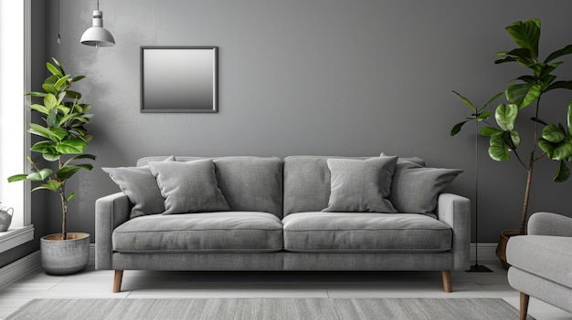 Foto modernes minimalistisches wohnzimmer mit grauem sofa und grünen innenpflanzen