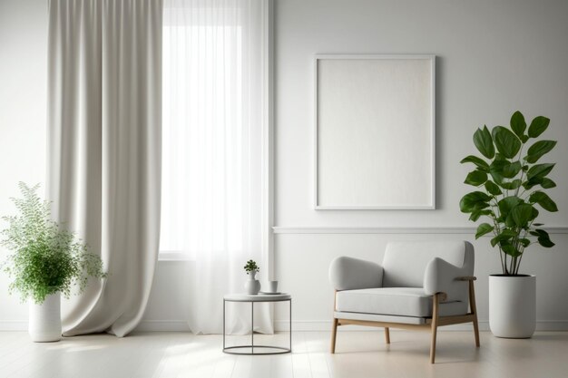 Foto modernes, minimalistisches wohnzimmer mit sessel auf weißem wandhintergrund mit leerem banner „generative ai“.