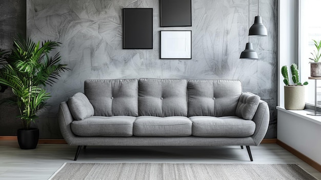 Foto modernes minimalistisches wohnzimmer mit stilvollem grauen sofa und üppigen grünen pflanzen