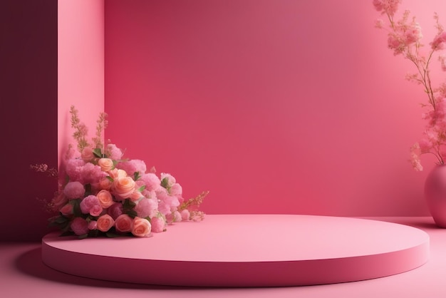 Modernes Mockup-Podium mit rosa Szene mit Blumen und Sonnenlichtschatten, hochwertigem Hintergrund