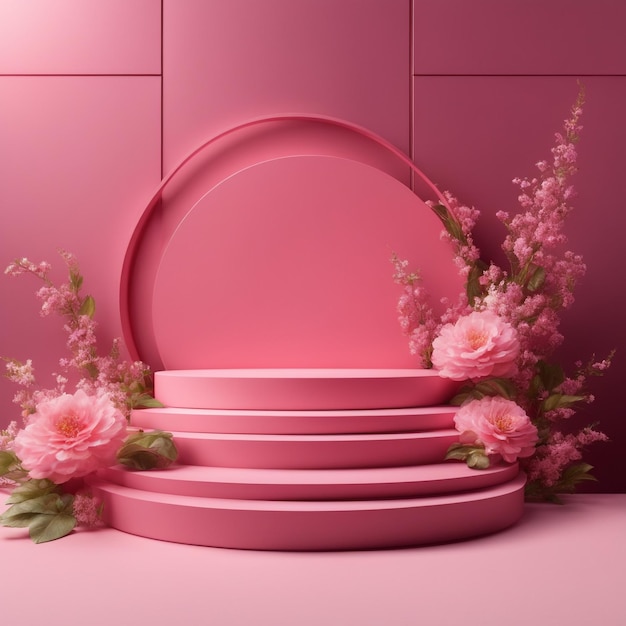 Modernes Mockup-Podium mit rosa Szene mit Blumen und Sonnenlichtschatten, hochwertigem Hintergrund